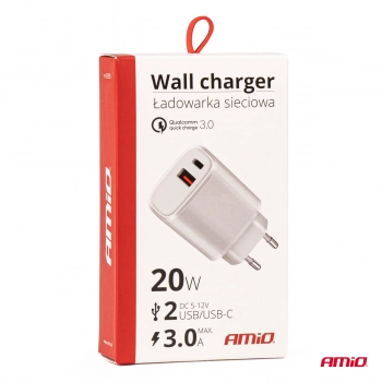 Ładowarka sieciowa PRO-09 USB + USB-C 20W Quick Charge 230V AMIO-02935
