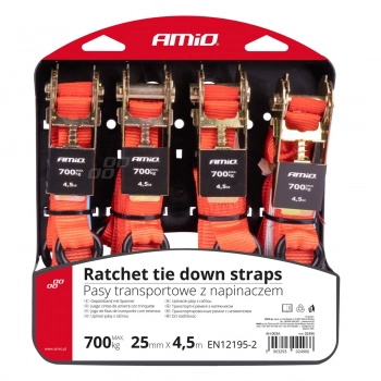Pasy transportowe z napinaczem - zestaw komplet 700 kg 25 mm 4,5 m 4 szt. BELT-03 AMIO-02496