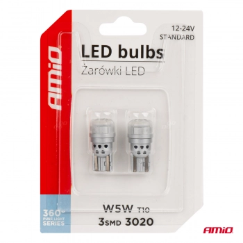 Żarówki LED 360 Pure Light Series STANDARD T10 W5W 3x3020 SMD White 12V 24V AMIO-03725