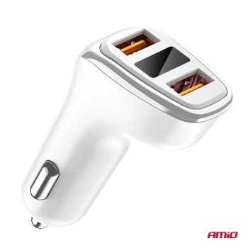 Ładowarka samochodowa 2x USB-A + woltomierz 3.1A AMIO-03887
