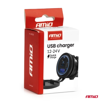 Ładowarka samochodowa z gniazdami USB wodoodporna z włącznikiem USB + 2x USB-C QC3.0 12V 24V AMIO-04596