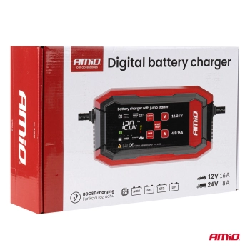 Prostownik cyfrowy z wspomaganiem rozruchu AGM GEL STD LFP MAX 16A 12V 24V PRO AMIO-04529