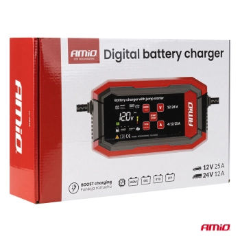 Prostownik cyfrowy z wspomaganiem rozruchu AGM GEL STD LFP MAX 25A 12V 24V PRO AMIO-04530