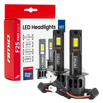 Żarówki samochodowe LED seria F25 PRO BLACK FULL CANBUS H1 68W 12V 24V AMIO-04717