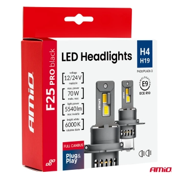 Żarówki samochodowe LED seria F25 PRO BLACK FULL CANBUS H4 H19 70W 12V 24V AMIO-04719