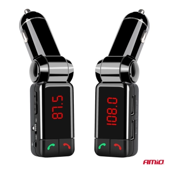 Transmiter samochodowy FM składany 2×USB-A 12V 24V AMIO-04650