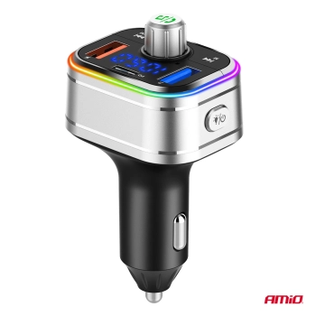 Transmiter samochodowy FM 2×USB-A 1×USB-C microSD 12V 24V AMIO-04652