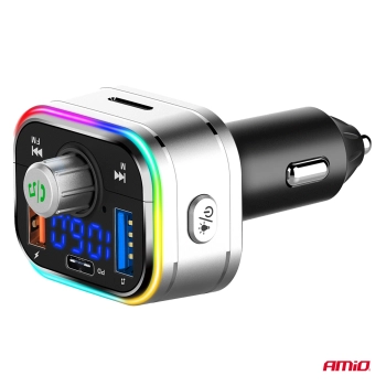 Transmiter samochodowy FM 2×USB-A 1×USB-C microSD 12V 24V AMIO-04652