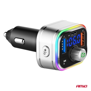 Transmiter samochodowy FM 2×USB-A 1×USB-C microSD 12V 24V AMIO-04652