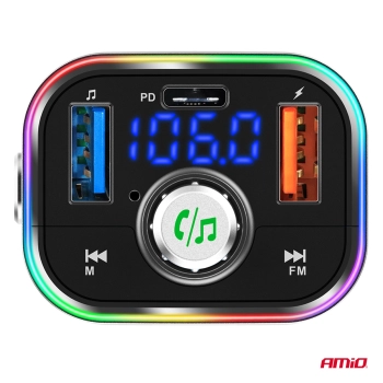 Transmiter samochodowy FM 2×USB-A 1×USB-C microSD 12V 24V AMIO-04652