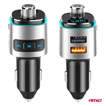 Transmiter samochodowy FM 2×USB-A microSD 12V 24V AMIO-04654