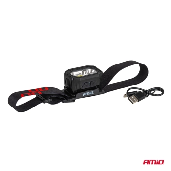 Latarka czołowa akumulatorowa z czujnikiem ruchu XPG+COB 1000mAh (BATT) AMIO-04663