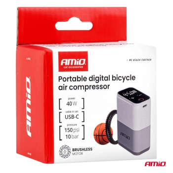 Mini kompresor rowerowy bezprzewodowy bezszczotkowy z wyświetlaczem LED 40W USB-C AMIO-04946
