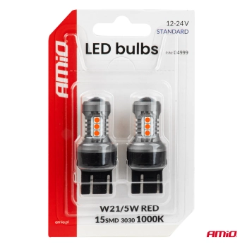 Żarówki LED STANDARD 7443 W21/5W 3030 15SMD czerwone 12V 24V AMIO-04999