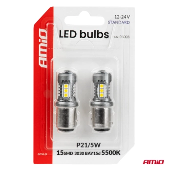 Żarówki LED STANDARD BAY15D P21/5W 3030 15SMD białe 12V 24V AMIO-05003