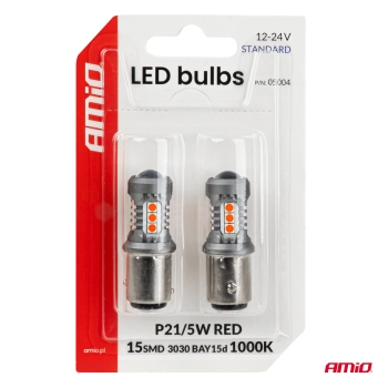 Żarówki LED STANDARD BAY15D P21/5W 3030 15SMD czerwone 12V 24V AMIO-05004
