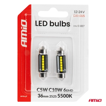 Żarówki LED CANBUS C5W C10W 36MM 2525 6SMD White 12V 24V AMIO-05007