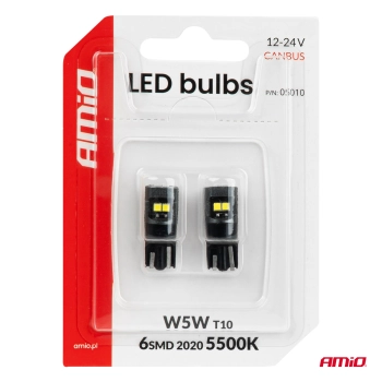 Żarówki LED CANBUS W5W T10 2020 6SMD białe 12V 24V AMIO-05010