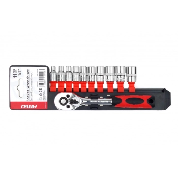 Klucz nasadowy grzechotka zestaw 11 szt. 1/4" 4-13mm AMIO-02413