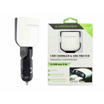 Ładowarka 2x USB 3.4A max + woltomierz 8-30V z alarmem niskiego napięcia