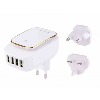 Ładowarka sieciowa 4x USB 4.4A z dotykową lampką LED + adaptery - wtyczki do gniazd EU, UK i USA