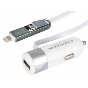 Ładowarka samochodowa 3.4A z gniazdem USB i przewodem z wtyczkami micro USB i Lightning