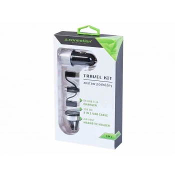 Zestaw podróżny: ładowarka 2x USB 3.1A + kabel 3w1: micro USB / Lightning / USB-C + uchwyt magnetyczny na wlot powietrza