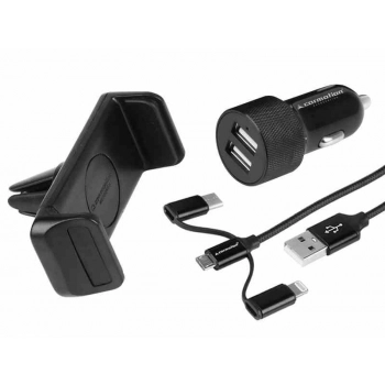 Zestaw podróżny: ładowarka 2x USB 3.1A + kabel 3w1: micro USB / Lightning / USB-C + uchwyt zaciskowy na wlot powietrza