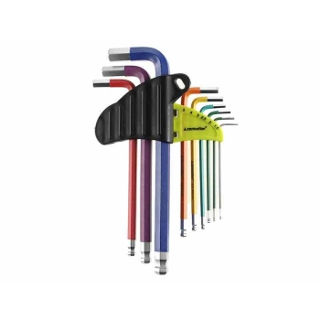 Klucze imbusowe kuliste, 180 mm, rozmiary 1,5 - 10 mm, 9 szt., kolorowe