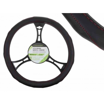 Pokrowiec na kierownicę PU 39-41 cm "L", perforowane gripy, czarny + czerwone nici