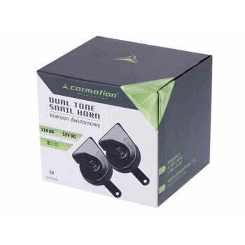 Klakson 12V, 118 dB, dwutonowy, ślimakowy, średnica 85 mm, prosty, homologacja E9, 2 szt.