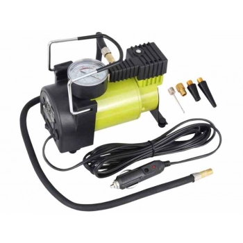 Kompresor powietrza tłokowy 12V, 11 BAR, 35L / min, analogowy ciśnieniomierz, 4 adaptery