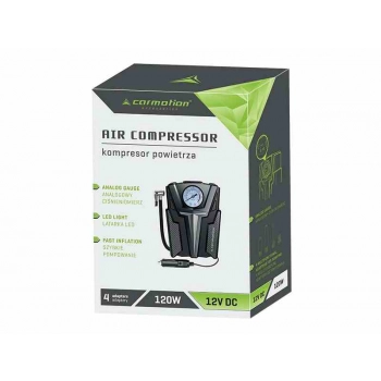 Kompresor powietrza DC 12V, 150 PSI, z analogowym ciśnieniomierzem, 4 adaptery